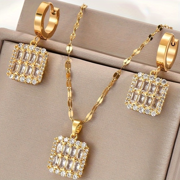 Golden Stainless Steel Earrings + Necklace Jewelry Set, 3pcs/Set - Picture 5 of 5